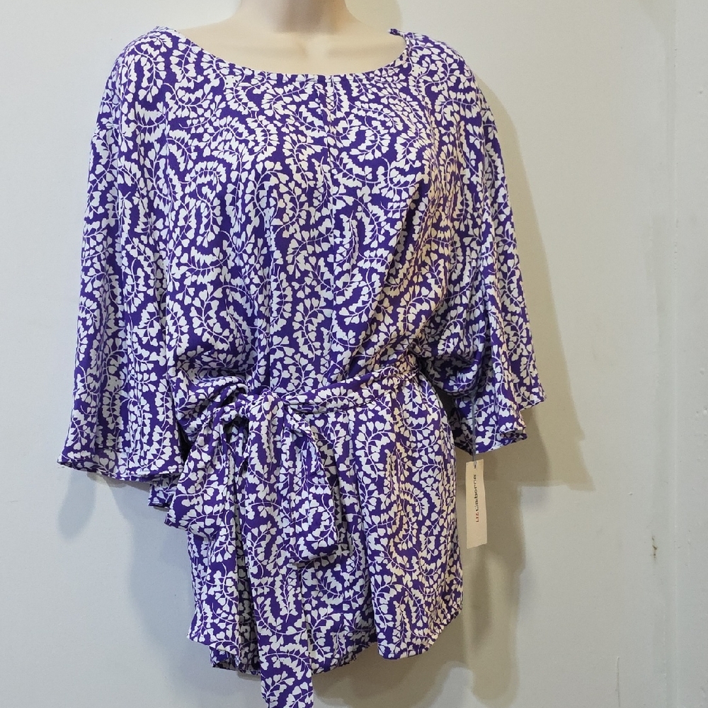 Liz Claiborne Purple and Cream Leaf Print Top